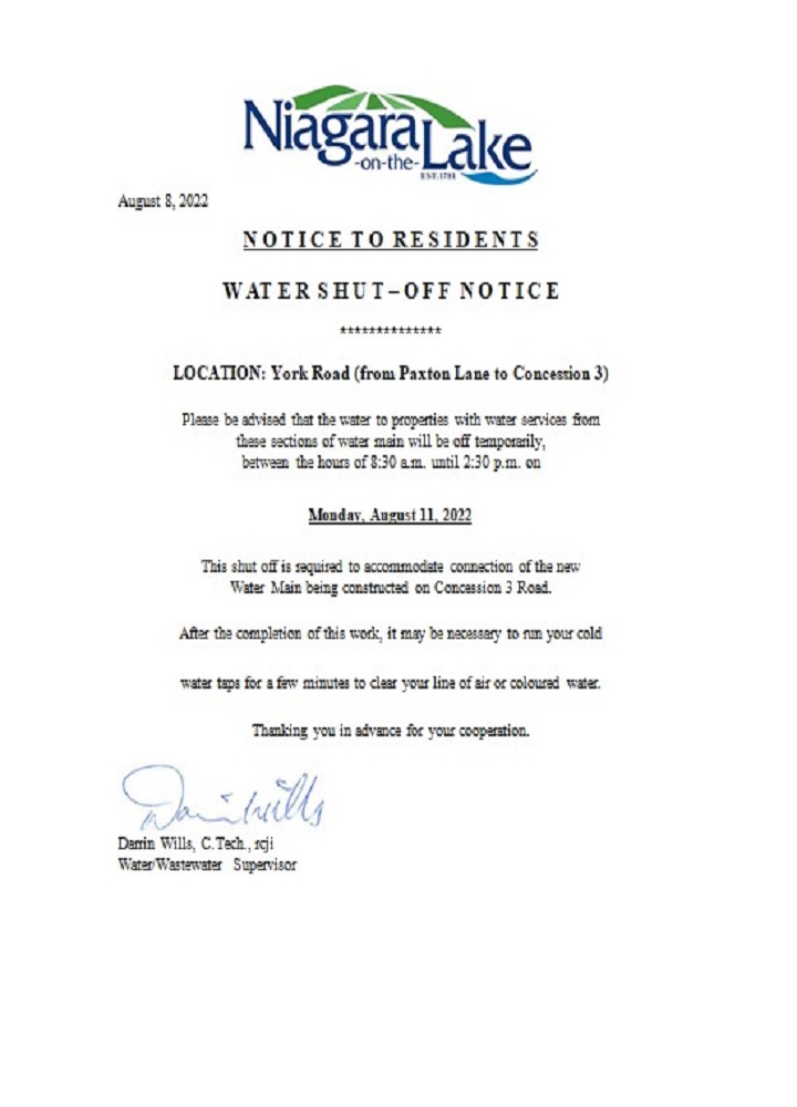 Canada Ontario The Niagara on the Lake water utility shut off notice